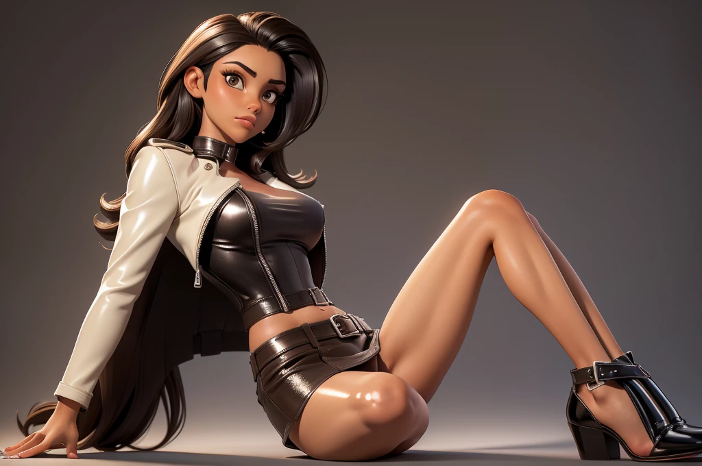 obra prima, melhor qualidade, ((only one woman,)) ((emily compagno, dark tan skin, straight black hair,)) erect cone tits, ((wearing shiny cream leather biker moto jacket,)) ((jacket has padded shoulders, jacket has stiff high collar,)) (((wearing shiny brown crumpled leather miniskirt, pussy visible,))) wearing louboutin heels, (no boots,) body is very skinny, ((sitting back, legs spread,)) ((camera front view of body,)) shallow depth of field, highres, HD, 8k, anatomically correct