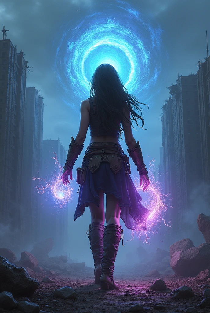 A scene of conjuration magic in a post-apocalyptic world, with a female character seen from behind, wearing an adventurer's outfit . She is in the midst of a ruined city, with rubble and partially destroyed buildings around. in front of her, a shadowy creature begins to materialize from a swirling vortex of brilliant magical energy, composed of sparks of blue and purple light. The sky is cloudy and there is a low fog in the air, creating a dark and threatening atmosphere. Magic surrounds the character's hands, The magical aura is intense,, and the ground around her seems to vibrate with arcane power. raised, with lights and shadows dancing around the conjuration.