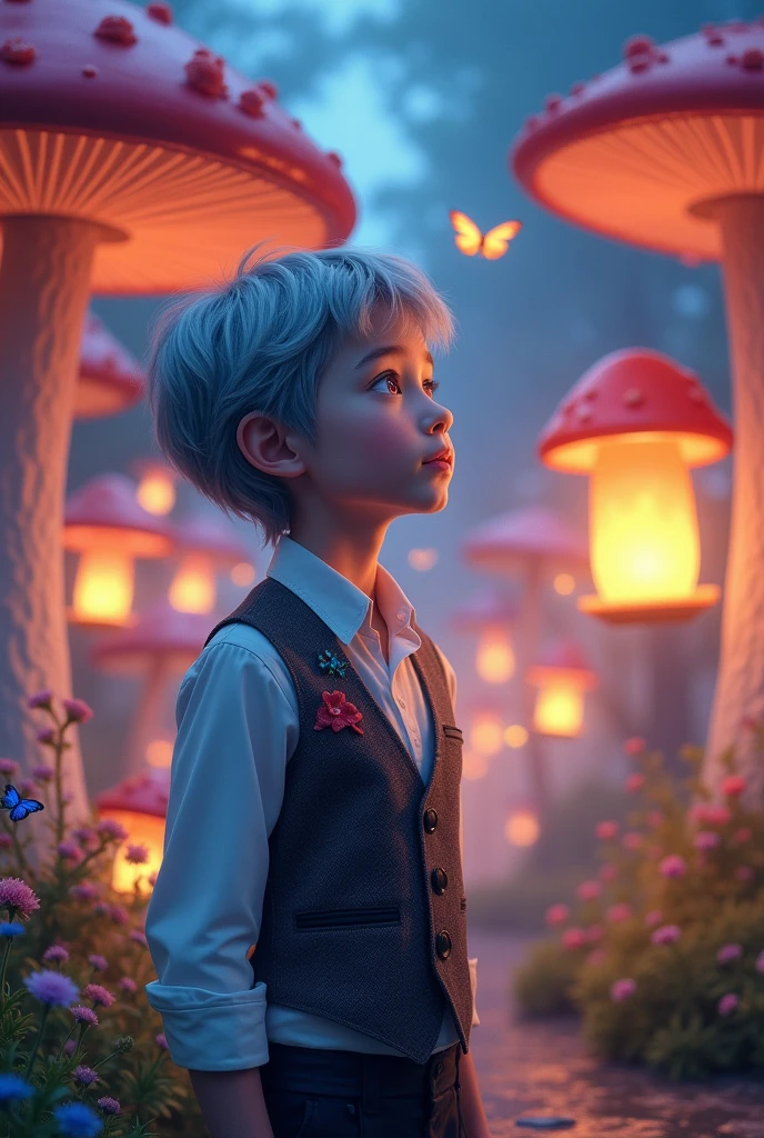Handsome and young man with gray hair and purple eyes in wonderland