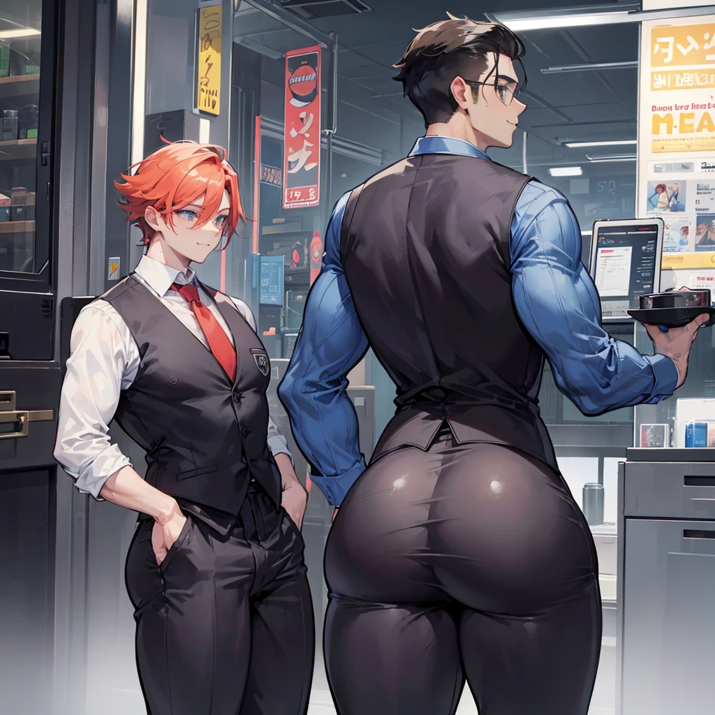 One Man, muscular, jocks, athletic, ginger, wearing suit vest clothes, big butt, huge ass, comically massive ass, bubblebutt, thick, thicc, thick ass, thick legs, thick thighs, huge butt cheeks, ass huge, showing butt to camera, smiling, looking back at camera, big booty, man booty, men with huge butts, men in suit vest clothes, showing off ass, absolutely massive butt, enormous ass cheeks in suit vest pants, full ass, wide ass, round ass, tight suit vest pants, abnormally huge butt, unrealistically massive ass, Giant butt cheeks, giant butt, giant ass, dark dress pants, button down shirt, men, bodyguard, suit vest black, gay, fight some thiefs, suit vest black, night, naked, alone, shift night, man or boy, no girls