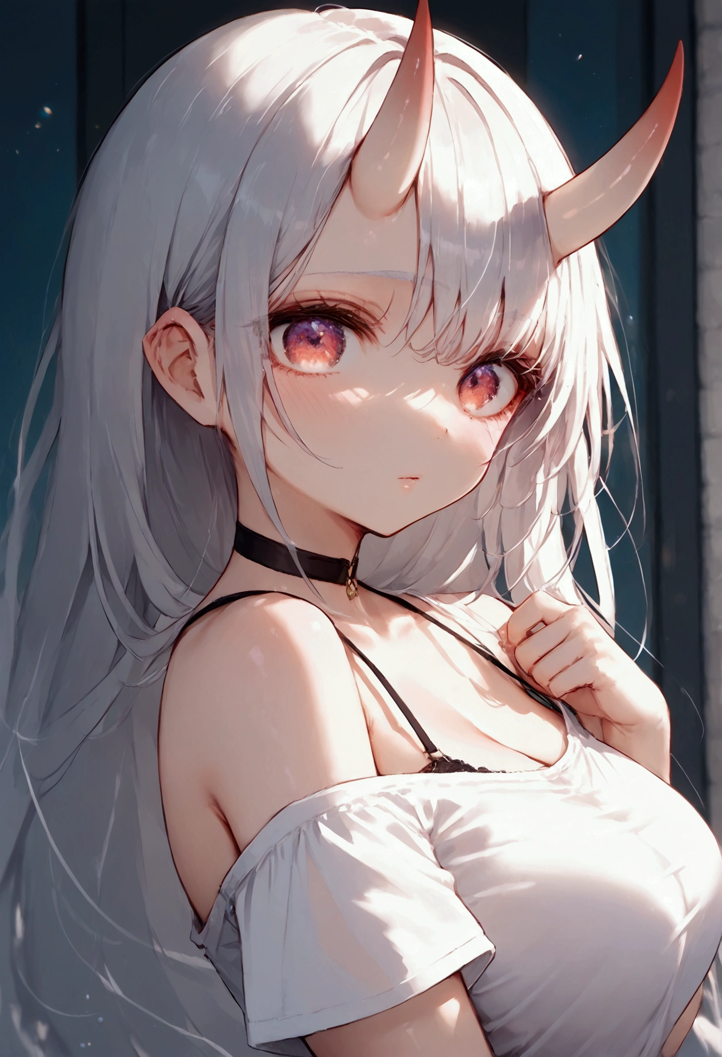 score_9, score_8_up, score_7_up, source_anime, (masterpiece), best quality, expressive eyes, perfect eyes, perfect face, oni girl, oni horns, red eyes, soft lips, long hair, very long hair, wide hips, (white hair:1.2), (white eyebrows:1), (white eyelashes:1), medium breasts:0.5, higuchi madoka, big breasts:0.3, standing, background: City, black choker, loose white t-shirt, single bare shoulder, bra strap, black shorts