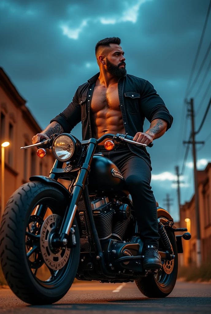 Big giant body builder white men wearing unbuttoned double pocket black denim shirt on heavy motor bike 