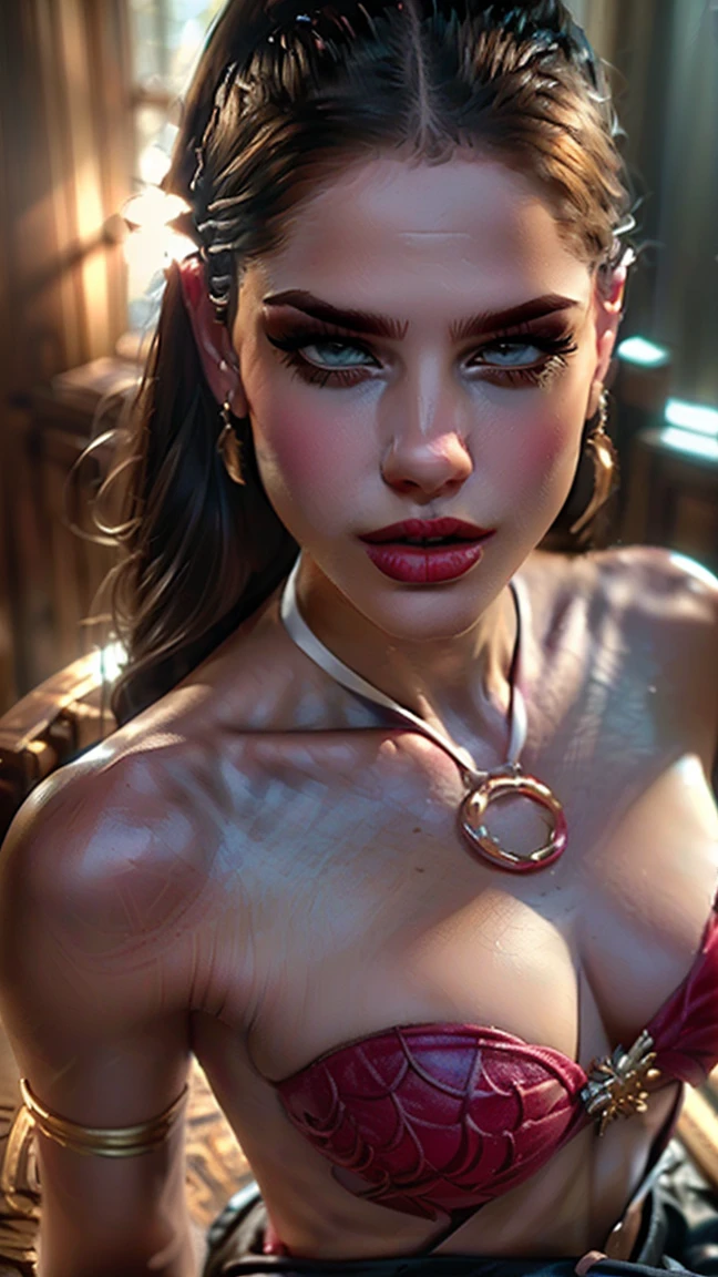 (((ultra realistic))) Photo, masterpiece, top quality, (pale skin), (Ultra detailed face and eyes:1.3), 1 girl, Adult, in a T-shirt, ((Eye makeup, pink mascara)), ((large detailed lips)), ((Pink волосы в хвост)), ((Chyolka)) , (Natural breasts), Slim waist. ((Posing)), photoshoot, studio (soft lighting), (The play of light and shadows), depth of field, bokeh, (special attention to skin detail: 1.2), Detailed leather texture, skin pores. (Warm atmosphere of the frame. Color range - purple, Pink, blue tones), UDR, ((Film grain)), ((rays)), (Glare), ((waist up portrait, view from above)) , ultra detialed,