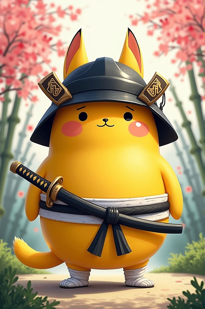 caricature image: a yellow mogeko wearing only a black samurai helmet, a katana with a black scabbard and its sageo tied to the mogeko's back, a white obi around his waist and white bandages on his feet.