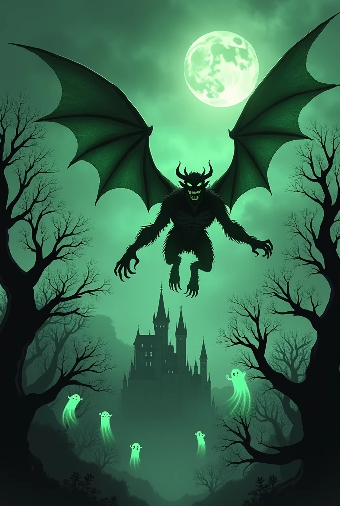 A gruesome green demon with sinister dark green eyes and large vampire fangs flies over dry trees with Dracula's castle in the background and ghosts flying
