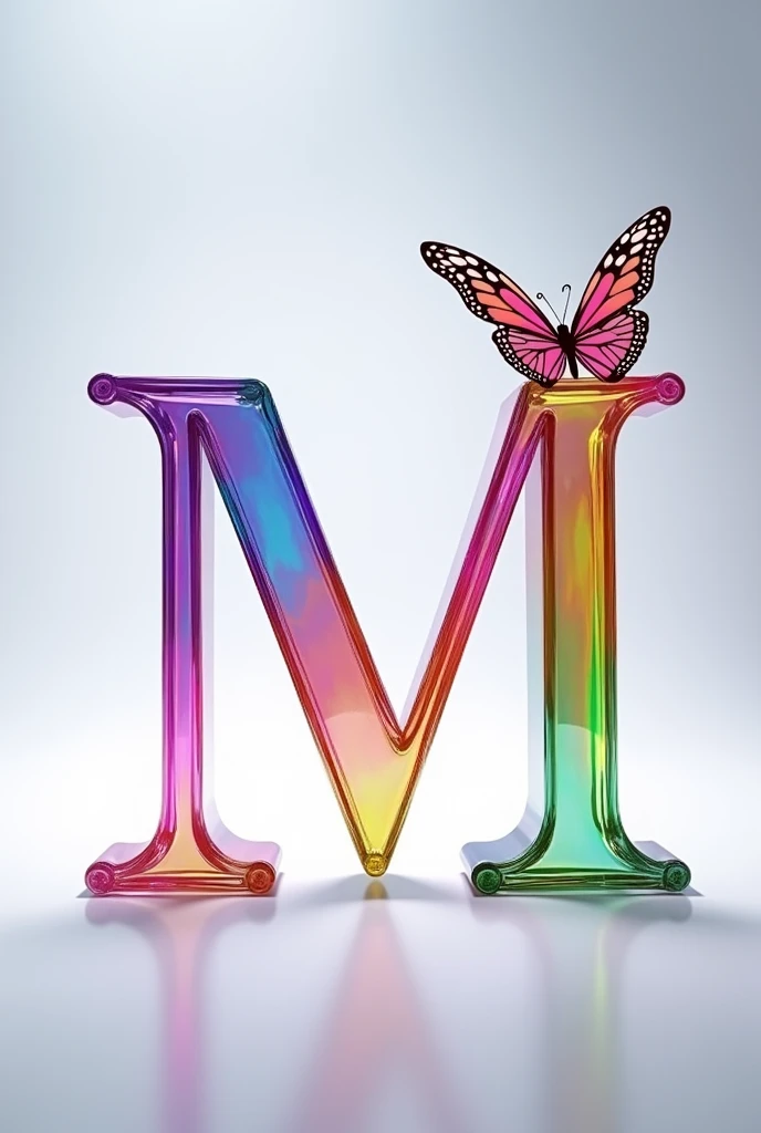 A captivating 3D glass render of the word"M" skillfully crafted into an elegant and sophisticated logo. The name is written in a graceful, flowing font, adorned with a tiny heart and a mesmerizing transparent, iridescent butterfly. Each letter is illuminated with vibrant neon shades of pink, blue, yellow, purple, green, and orange, adding a touch of modernity and charm. The logo stands out brilliantly against a clean white background, serving as a striking centerpiece. This enchanting design would be an ideal choice for a cinematic poster or architectural rendering, commanding attention and versatility across various applications.,
illustration, cinematic, 3d render, poster,typography, architecture, photo