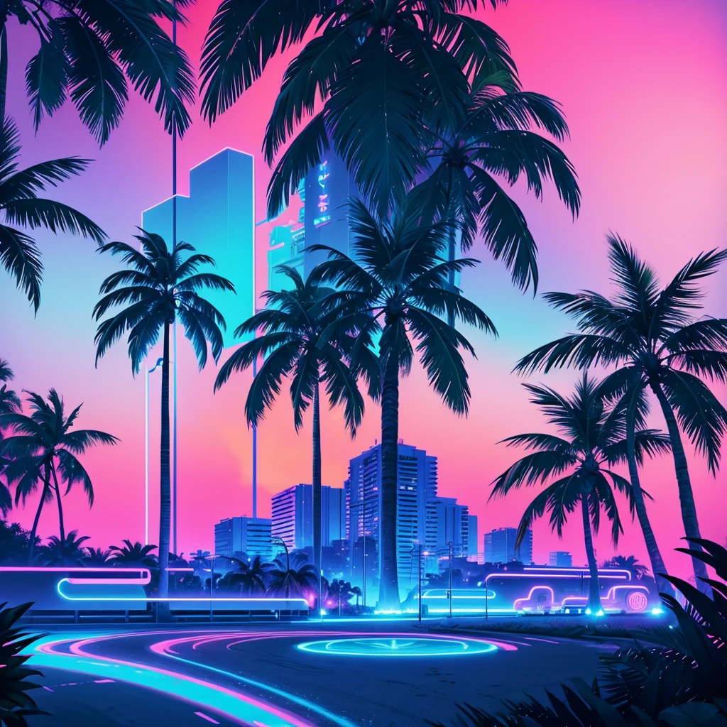 capa de album Vaporwave; cores neon; palms; retrofuture