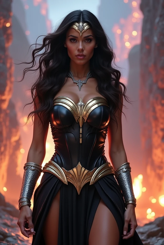 A beautiful woman Adriana Lima under the mantle of the warrior of Eutopia Zarda Shelton alias power Princes Marvel universe Black suit in leather that covers her entire body and forearms the suit has gold under her breasts and waist simulating a belt silver bracelets Diaema liza on her forehead silver choker on her neck skirt in black leather in the style of Wonder Woman 84 Movie