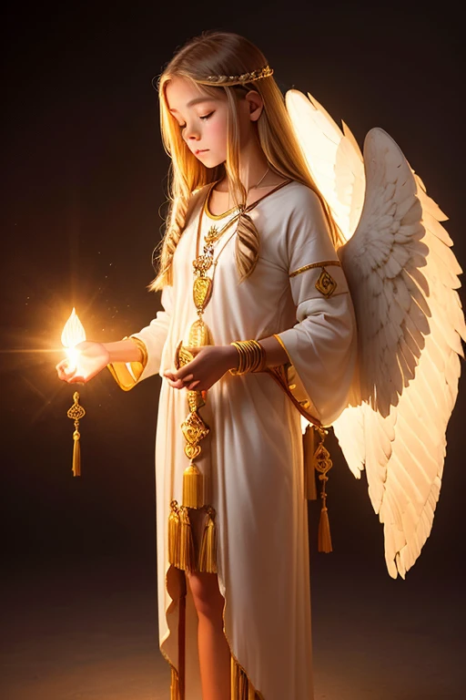 A young 15- yr old native American girl with lovely charminvg face,( skin texture masterpiece), (perfect full body detailed anatomy), (Super detailed), (meditating ), (glowing bright eyes),(short illuminating golden hair),Wearing transparent costume of an angel,holding a treasure septer & shield, illuminating different lights covers the sorrounding atmosphere Has beautiful large white wings, The character solemnly praying