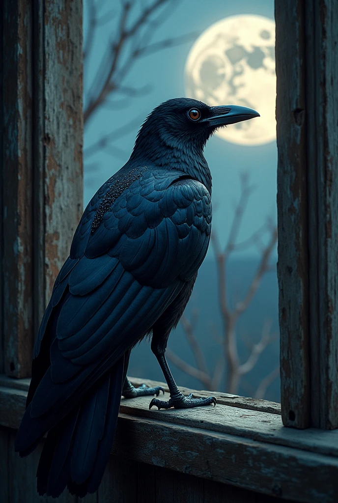 a raven in the style of the manga demon slayer perched on a window, detailed feathers, intricate patterns, moody atmosphere, digital art, cinematic composition, realistic rendering, 8k, highly detailed