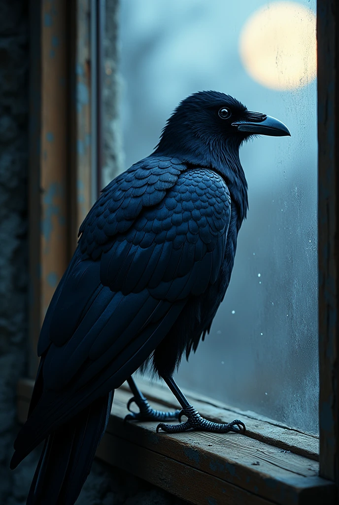 a raven in the style of the manga demon slayer perched on a window, detailed feathers, intricate patterns, moody atmosphere, digital art, cinematic composition, realistic rendering, 8k, highly detailed