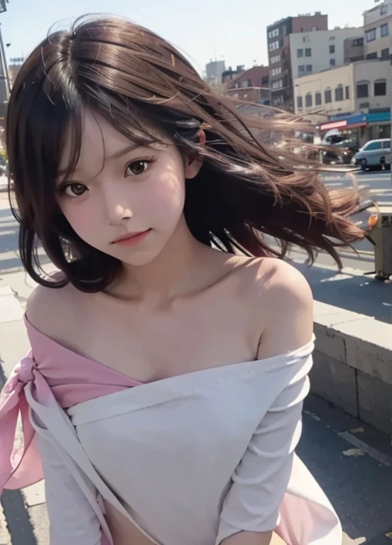 (best-quality:0.8),(best-quality:0.8), perfect anime illustration, extreme closeup portrait of a pretty girl walking through the city,(Flat Chest),Shoulders exposed skin,A beautiful girl of unparalleled beauty,Slim figure,