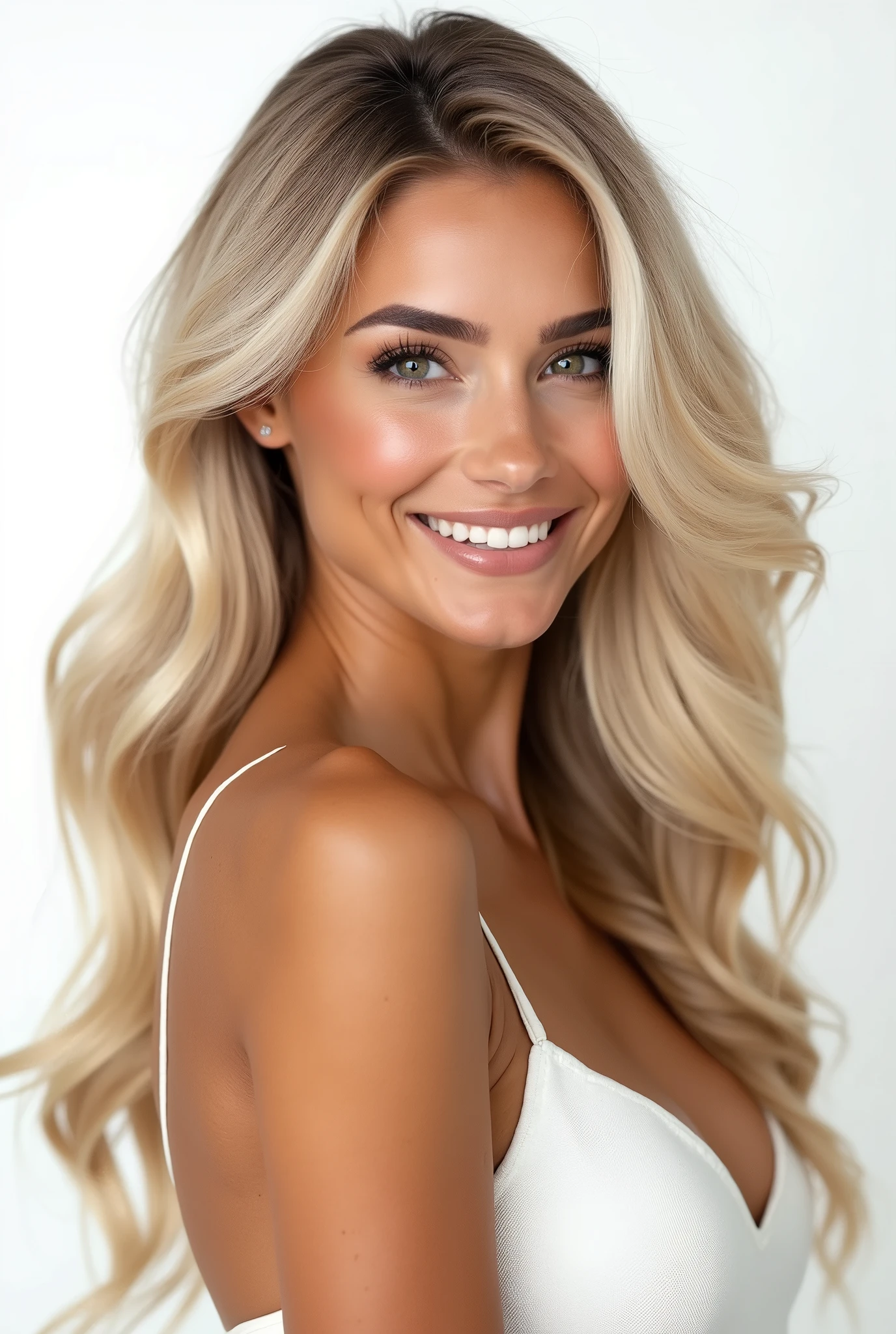 Create a hyper-realistic photo of a woman with blonde hair, shown from the bust up, with her entire upper body fully visible within the frame. Her hair should be extremely voluminous, well-groomed, and perfectly styled, emphasizing its fullness and health. Ensure the woman is depicted with a clear and natural expression. The background must be completely white, like a studio backdrop or transparent, with no details or distractions, only a plain white surface. The entire upper body of the woman should be fully visible without any parts cut off. Use soft, flattering lighting to highlight the texture and shine of her hair and skin. The image should be ultra photo-realistic, clear as crystal, 8K UHD, with fine details and a polished, high-quality finish.