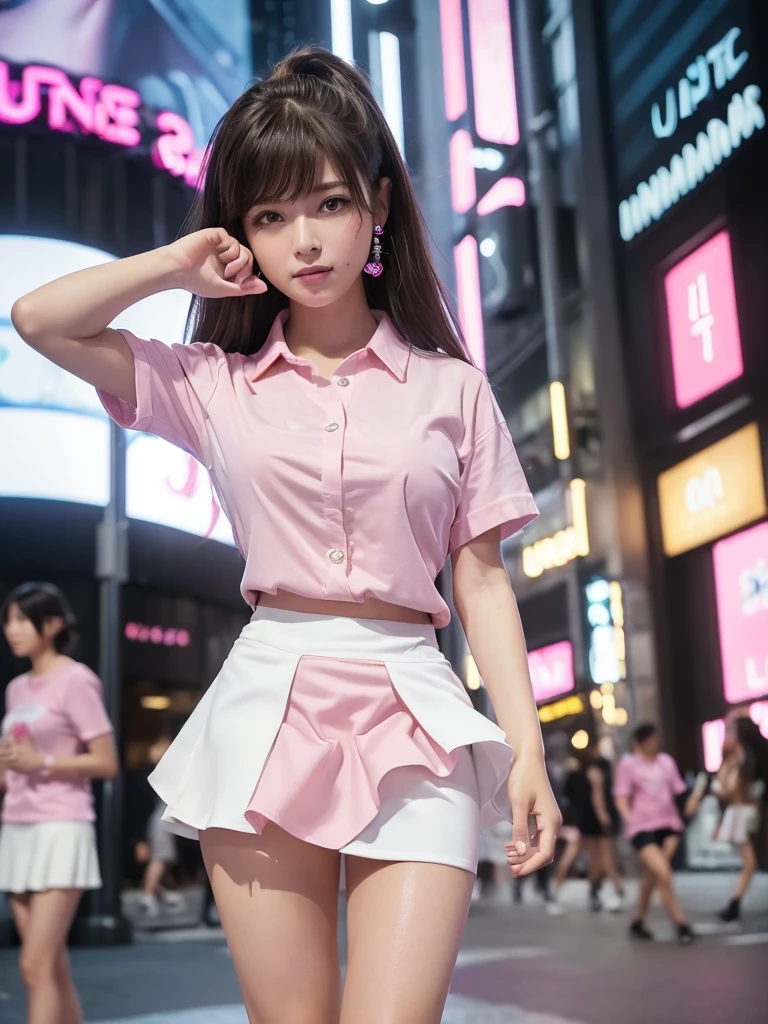 Product quality,1 girl,Cowboy Shot,Front view,(Thigh Emphasis:1.6),(Angle up to the knee:1.5)Young and sexy Japanese,20-year-old,小さな笑face,Harajuku,(Crowded street:1.4),Snazzy,((Pink Shirt:1.5)),wear,(Snazzyバッグ:1.3),Fashionable necklaces,Stylish earrings,((White Ultra Short Micro Mini Skirt:1.5)),wear,((Small Head,face:0.4))とてもかわいいface,赤ちゃんのface,Glossy Lips,Double eyelids on both eyes,(Natural Makeup),Small and cute nose,shiny smooth light brown long hair,,,,,Asymmetrical bangs,Center image,8k resolution,Attention to detail,Detailed hairstyle,詳細なface,Cinema Lighting,Octane Rendering,Ultra-realistic,Perfect limbs,(Detailed fingers:1.5),Beautiful legs,Voluptuous thighs,Huge breasts,Perfect Anatomy,(Model sexy pose:1.5)