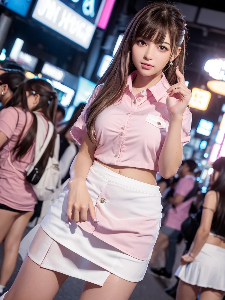Product quality,1 girl,Cowboy Shot,Front view,(Thigh Emphasis:1.6),(Angle up to the knee:1.5)Young and sexy Japanese,20-year-old,小さな笑face,Harajuku,(Crowded street:1.4),Snazzy,((Pink Shirt:1.5)),wear,(Snazzyバッグ:1.3),Fashionable necklaces,Stylish earrings,((White Ultra Short Micro Mini Skirt:1.5)),wear,((Small Head,face:0.4))とてもかわいいface,赤ちゃんのface,Glossy Lips,Double eyelids on both eyes,(Natural Makeup),Small and cute nose,shiny smooth light brown long hair,,,,,Asymmetrical bangs,Center image,8k resolution,Attention to detail,Detailed hairstyle,詳細なface,Cinema Lighting,Octane Rendering,Ultra-realistic,Perfect limbs,(Detailed fingers:1.5),Beautiful legs,Voluptuous thighs,Huge breasts,Perfect ???????,(Model sexy pose:1.5)