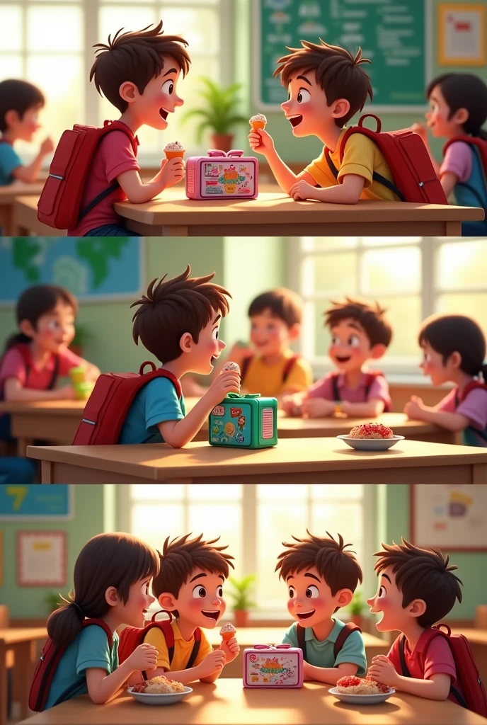 Create comics stories with four scenes. first scene: it's lunch time and the signal sounds for the students to come second scene: Eric, a male student, has taken out his lunch. and the male classmate next to him shouted at the same time. third scene: Hey Ka-Jose! what lung box do you have? Eric's answer: This is the Selecta Ice crem Lunch box, he showed it to his classmate Eric asked: You bes! What luch box do you have? Classmate Answer: This is the Best Ice Cream Lunch Box, and the two laughed at the same time as they had a happy lunch together in their classroom