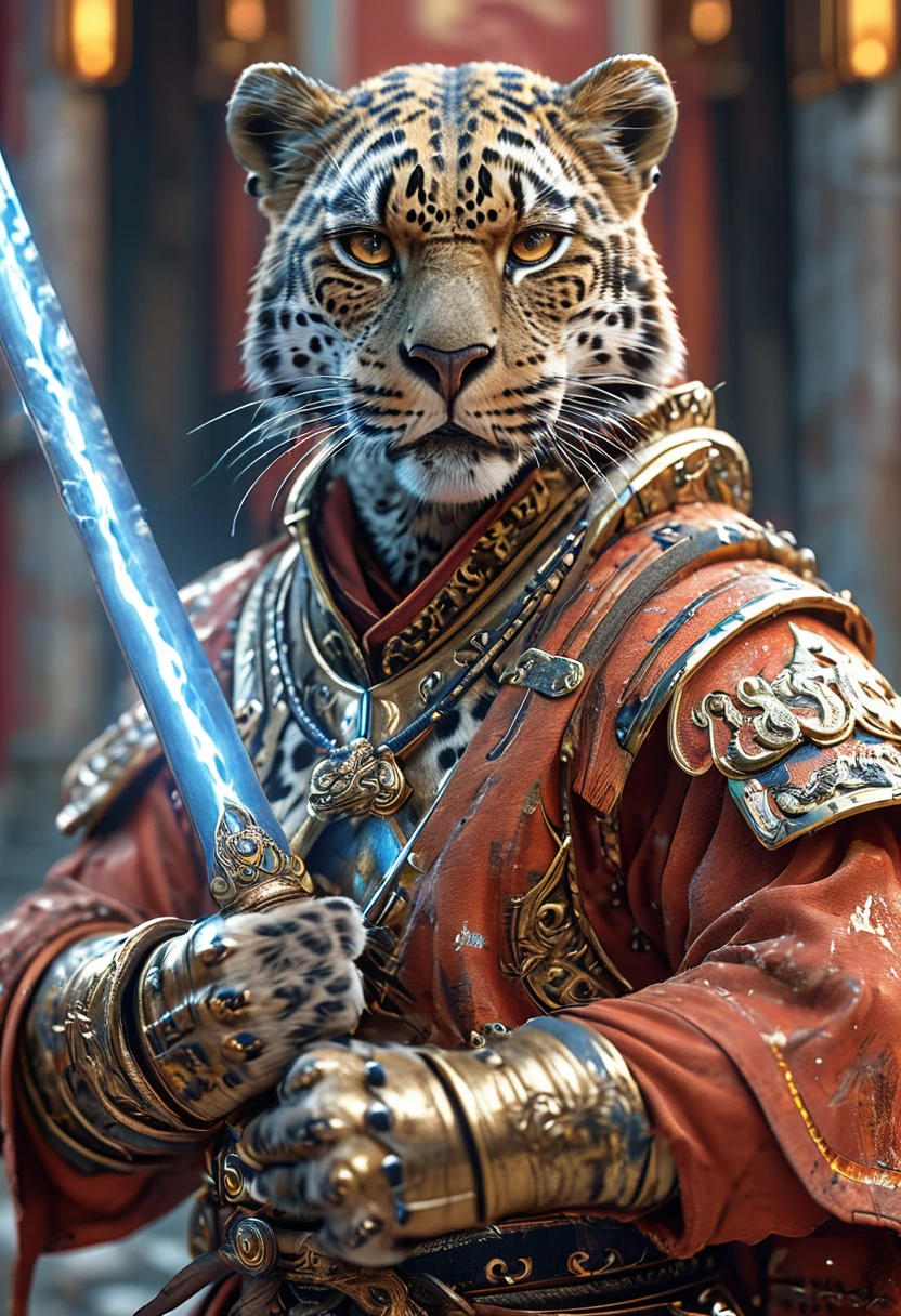Close-up shot of a leopard, leopard Martial Artist,whole body, Equipped with lightning-charged claws, Wearing martial arts uniform, Chinese Shaolin Temple Background, High resolution, masterpiece, Highest quality, Super detailed, Super detailed, Ultra-realistic,
Hong Kong Style, 3D Fluffy, Cute and adorable close-ups, Cute big round reflective eyes, Long fuzzy fur, Pixar Rendering, unreal engine Cinematic smooth, Exquisite detail, Cinematic