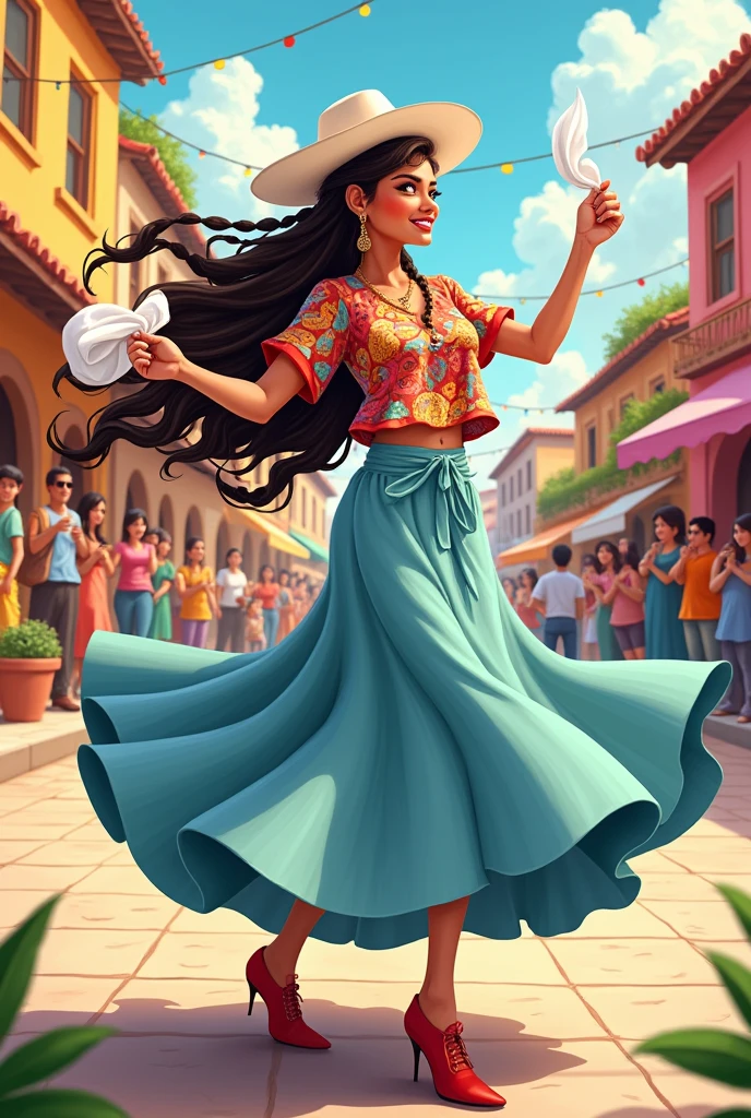 Cartoon of a cholita with braided hair wearing a long t-shirt and a white hat with a very short light blue skirt dancing with a white handkerchief