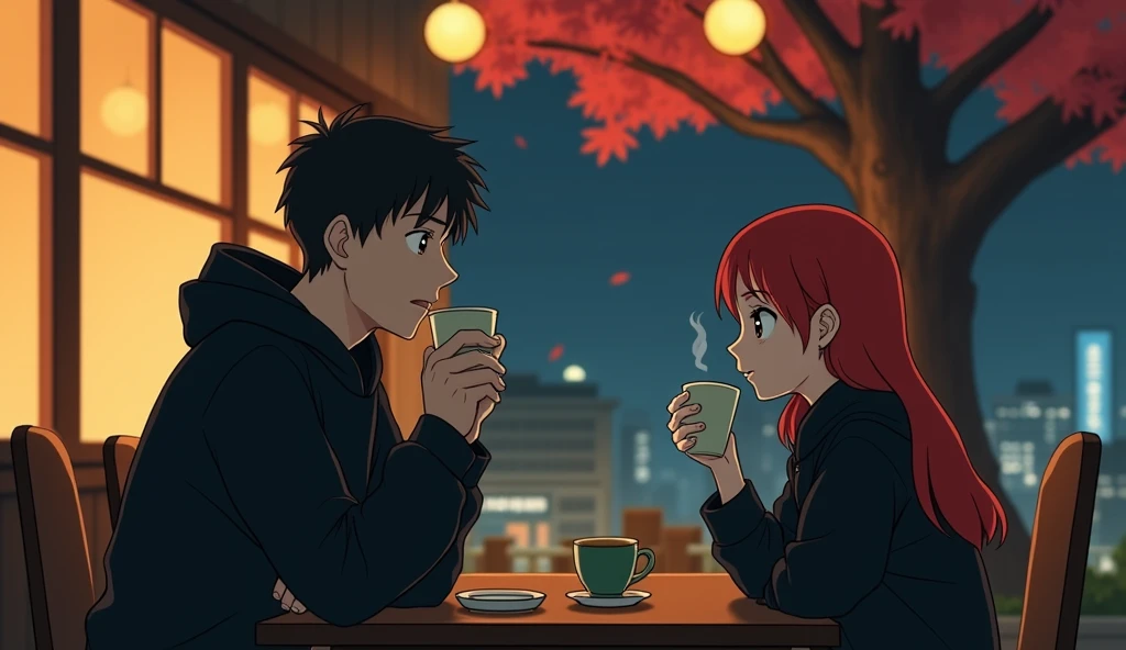 A white man in a black sweatshirt and black hair drinking coffee from a cup, a red-haired white woman in black clothes drinking matcha in a cafe at night under a tree with red flowers and yellow round Japanese-style lights from afar in a Ghibli studio style