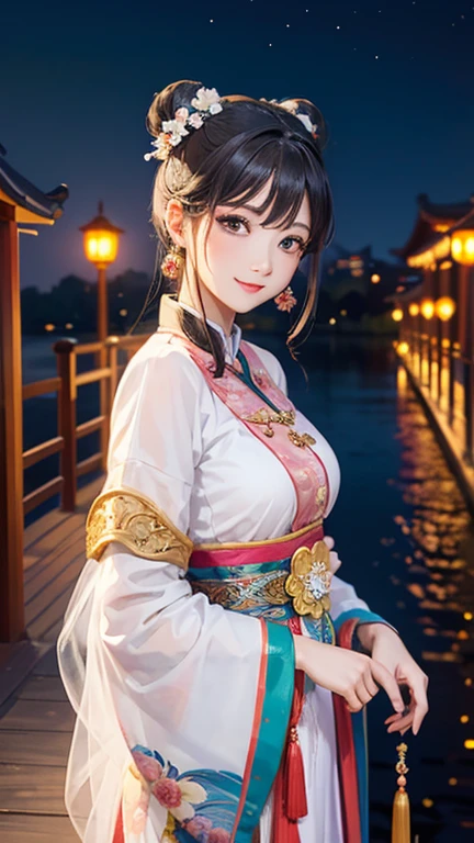 ( High resolution、 Super detailed)、masterpiece、Highest quality、High resolution、8k、Realistic skin texture、 Young and beautiful woman、Beautiful Face、Beautiful Face、Pretty lips、Ample breasts、Balanced style、Hair styled in a bright-colored round bun、Smiling eyes、Hanfu、Walking、Cowboy Shot、background、Buildings from the Tang Dynasty、The city of Chang'an during the Tang Dynasty in China、river view、Night view、Flower garden、Peach Blossom、Lantern Light、Detailed CG、