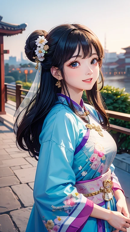 ( High resolution、 Super detailed)、masterpiece、Highest quality、High resolution、8k、Realistic skin texture、 Young and beautiful woman、Beautiful Face、Beautiful Face、Pretty lips、Ample breasts、Balanced style、Hair styled in a bright-colored round bun、Smiling eyes、Hanfu、Walking、Cowboy Shot、background、Buildings from the Tang Dynasty、The city of Chang'an during the Tang Dynasty in China、river view、Night view、Flower garden、Peach Blossom、Lantern Light、Detailed CG、