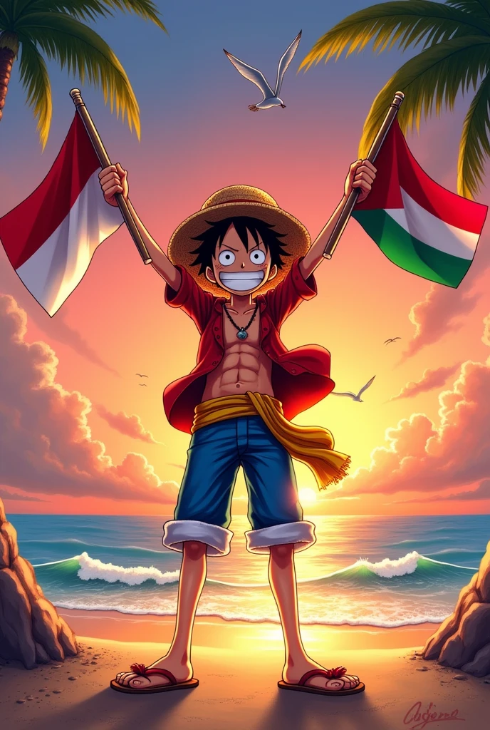 Luffy from the manga One Piece is holding the Indonesian and Palestinian flags.