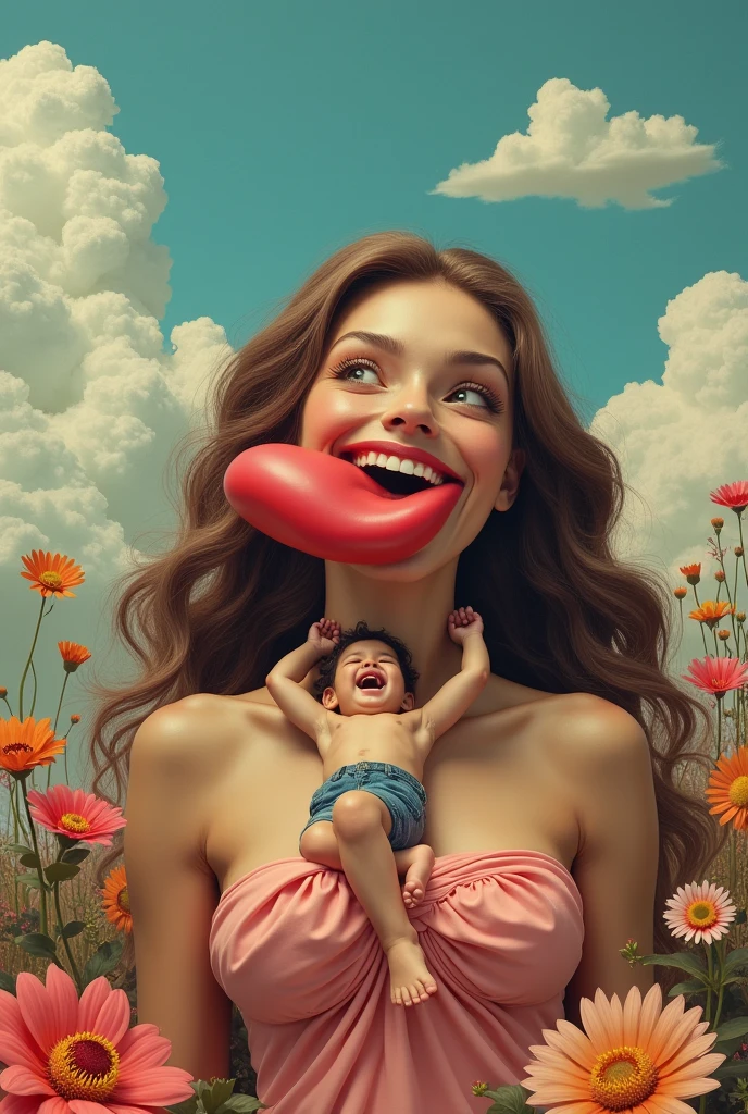 Shirtless man lying on giant woman's tongue