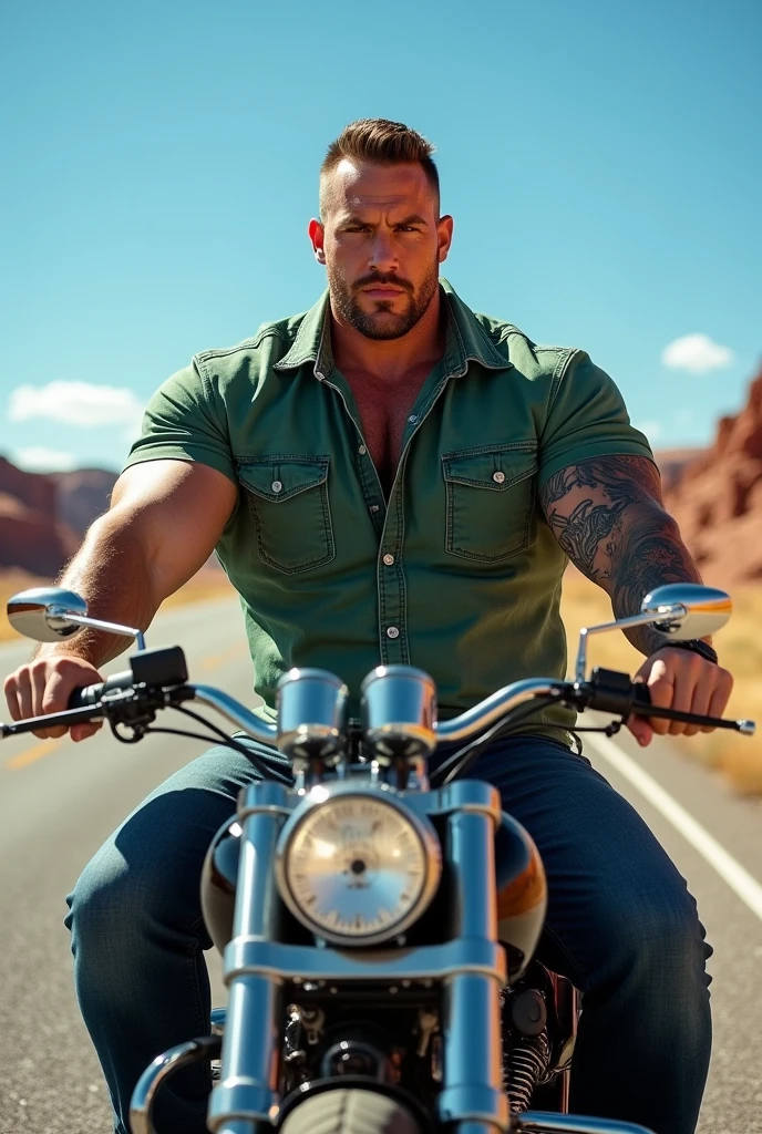 Big giant body builder white men wearing unbuttoned double pocket green denim shirt on heavy motor bike 