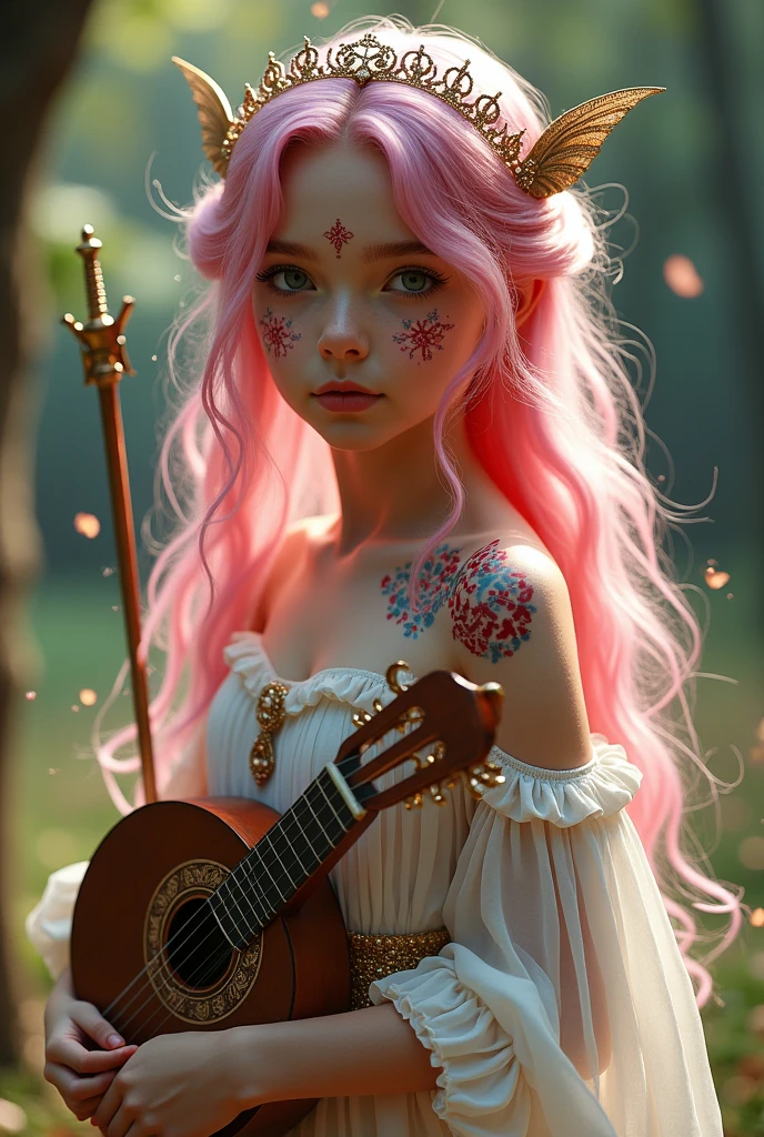 A very beautiful and young girl, Her hair is extremely pink and she has two blue streaks, Your skin is white and delicate, and it has red magical symbols on your shoulders and neck that are like tattoos., Her clothes are very elegant and chic, demonstrating wealth, She is the daughter of a fairy and carries with her her lute and two beautiful delicate swords. She is a bard and loves music., She always has her mandolin in her hands, her beautiful swords on her back, and a glow on her cheeks and under her eyes. She also wears a tiara.
