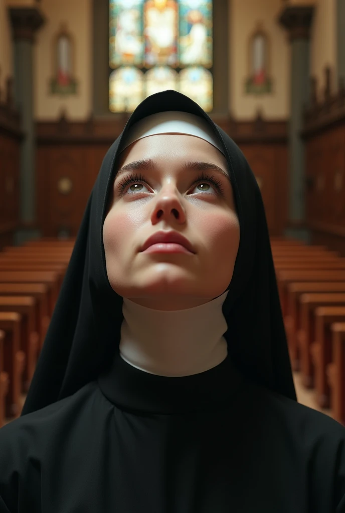 Beautiful young nun, Kneel and look up, At the altar of the chapel, Look up with your mouth wide open,A translucent, milky covers the entire face.:1.8, Shooting from above, Front of body, (Detailed face, Highly detailed eyes and face, high quality, 8k, Realistic, masterpiece:1.2), (close, High angle shot), The ornate interior of the cathedral, Stained Glass Windows, Warm lighting, Serene atmosphere, religious, spiritual, Dedication, Contemplative