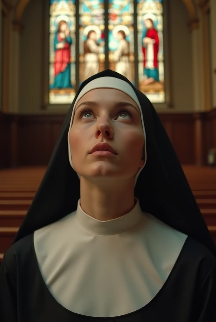 Beautiful young nun, Kneel and look up, At the altar of the chapel, Look up with your mouth wide open,A translucent, milky  covers the entire face.:1.8, Shooting from above, Front of body, (Detailed face, Highly detailed eyes and face, high quality, 8k, Realistic, masterpiece:1.2), (close, High angle shot), The ornate interior of the cathedral, Stained Glass Windows, Warm lighting, Serene atmosphere, religious, spiritual, Dedication, Contemplative