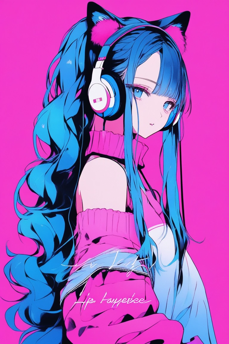 ((masterpiece,Highest quality)), 8k, anime , Realistic ,sketch, anime風のポートレート, 黒猫を連れたanimeの女性, 20-year-old, Blue and pink gradient background, Off-the-shoulder knit, Neon long twin tail hair, lip, Wear headphones, Texture Trim, Canadian, Upper Body, (masterpiece,Highest quality)