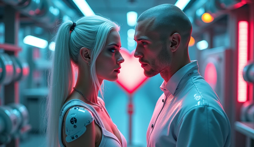 A beautiful, long-haired white cyborg woman and a handsome, short-haired white cyborg man stand together in a laboratory, looking at a love machine with a giant chained heart.