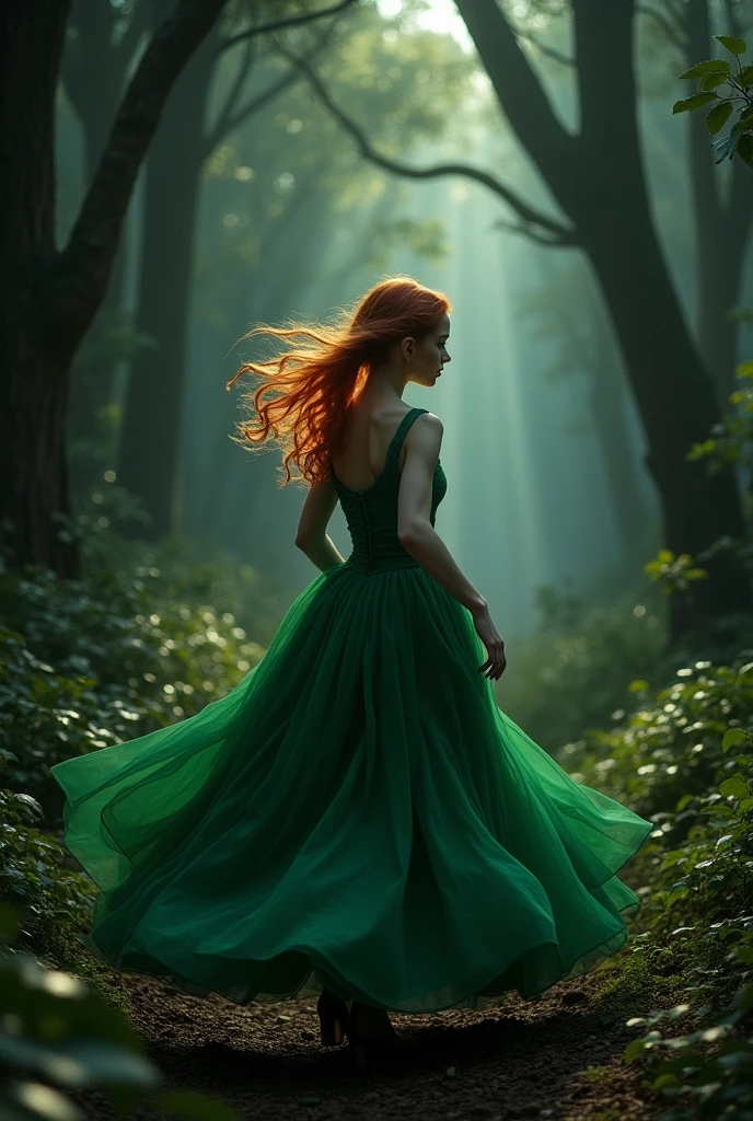 A 22-year-old girl, with white skin and almost red hair with golden streaks and emerald green eyes, Turning her back without showing her face, she ran through a dark forest in a puffy green ball gown..