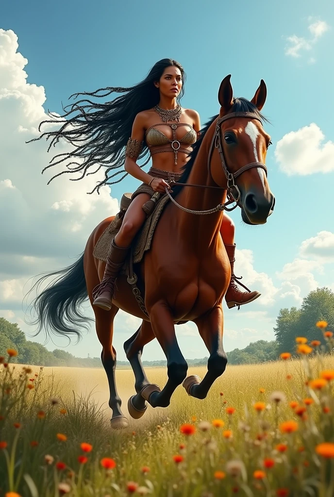 Hyperrealistic photo of a naked Amazon on a horse