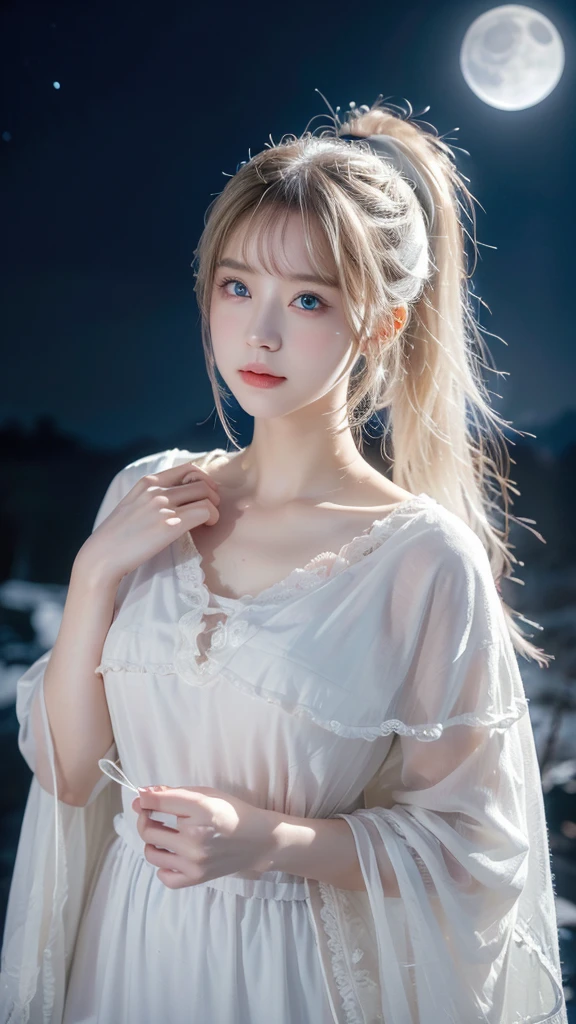 Masterpiece, (Best Quality: 1.2), (Super Fine: 1.2), Illustration, (Extremely Delicate and Beautiful: 1.2), Film Angle, Floating, (Beautiful Detail Eye: 1.1), (Detail Light: 1.1), Film Lights, Delicate Sky, Woman, White Hair, Blue Eyes, (High Ponytail: 1.1), Cloak, Glowing Eyes, (Moon: 1.2), (Moonlight: 1.1), Starry Sky, (Light Particles: 1.1), Fog , snow painting, sketching, blooming