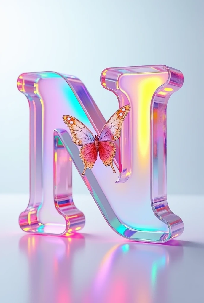 A captivating 3D glass render of the word"N" skillfully crafted into an elegant and sophisticated logo. The name is written in a graceful, flowing font, adorned with a tiny heart and a mesmerizing transparent, iridescent butterfly. Each letter is illuminated with vibrant neon shades of pink, blue, yellow, purple, green, and orange, adding a touch of modernity and charm. The logo stands out brilliantly against a clean white background, serving as a striking centerpiece. This enchanting design would be an ideal choice for a cinematic poster or architectural rendering, commanding attention and versatility across various applications.,
illustration, cinematic, 3d render, poster,typography, architecture, photo