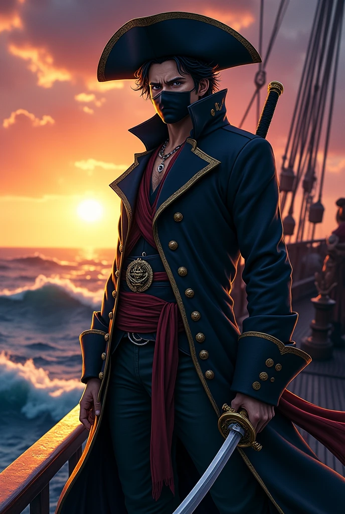 a male pirate from One Piece with short hair, 2 Katanas, a black hat, a black mask covering the mouth and a black overcoat