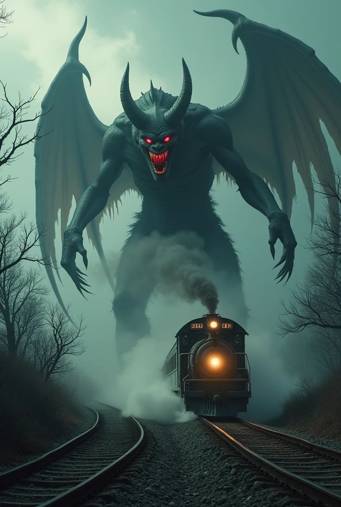 A terrifying demon-like monster is trying to chase the running train.