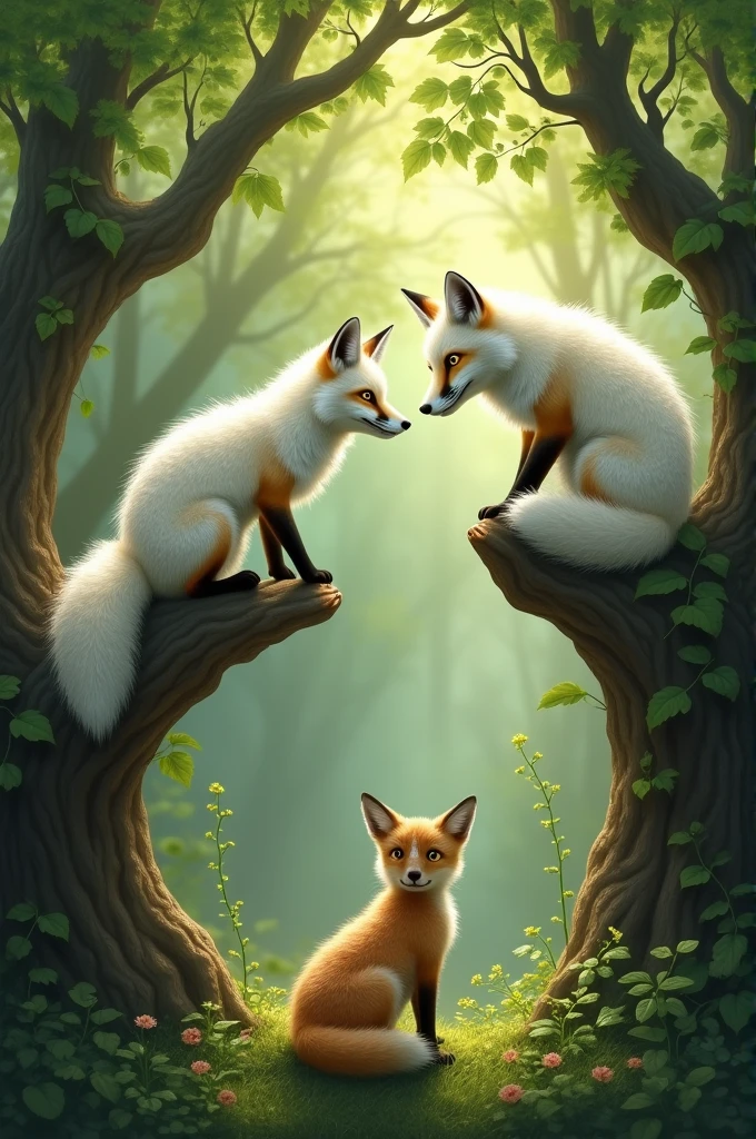 A COVER FOR A BOOK, A forest with two branches sticking out, two white foxes lying on the branches looking down, on the ground there's one trying to reach the foxes