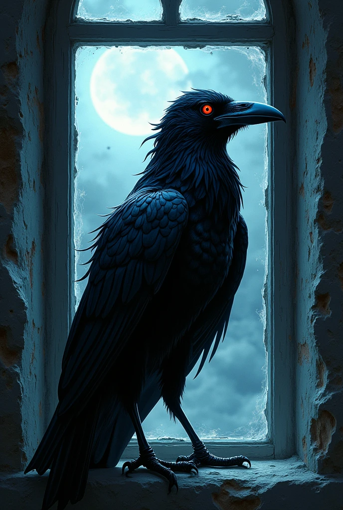 a raven in the style of the manga demon slayer perched on a window with a poison aura, detailed feathers, intricate patterns, moody atmosphere, digital art, cinematic composition