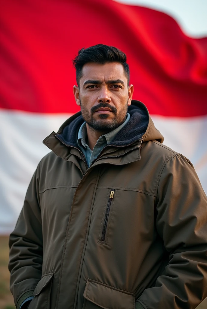 jewish man, full weight body, black hair, short neck, straight focus, outdoor outfit jacket, in front of Indonesia flag