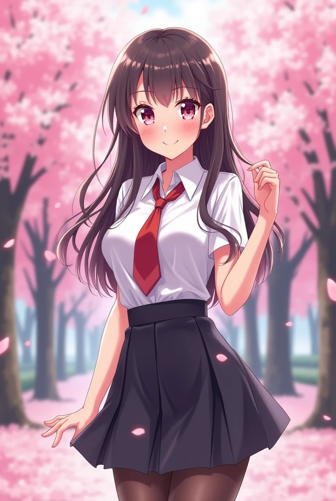 masterpiece, best quality, illustration, highres, ultra-detailed, 1girl, sparkle \(honkai: star rail\), twintails, solo, school uniform, white shirt, sweater, pleated skirt, pantyhose, light smile, double v, looking at viewer, smile, open mouth, outdoors, street, cherry blossoms, petals, depth of field <lora:Char-HonkaiSR-Sparkle-XL-V1:0.9>