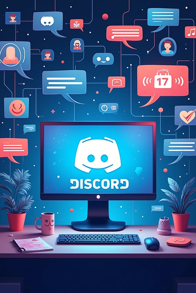 Internet concept background, Use light blue colors with red and black details, message elements ((gaming e conversas)) between friends, open the computer with the Discord symbol, conversas e gaming, Many friends chatting from afar via speech bubbles
In the same sense, use more graphical elements that refer to the internet
Several people in different rooms with different themes (( music, gaming, movies))