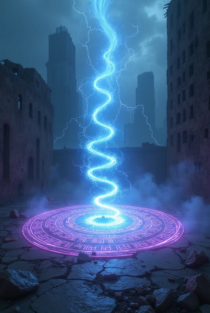 In the heart of a ruined city, surrounded by rubble and partially destroyed buildings, intense conjuration magic is in full effect. In floor, a circle of ancient runes glows with a pulsating light of blue and purple hues, forming a spiral of energy that slowly rises into the cloudy sky. The magical energy seems to distort the air around it, creating waves of heat and static electricity that cause the stones to float slightly. At the epicenter of the spiral, a shadowy creature begins to take shape, emerging from the shadows and the intertwining magical light. The aura around the conjuration is intense, with sparks of energy crackling and running along the ground, as the sound of distant thunder echoes in the background. The scene is shrouded in a low mist, that blends with the light of magic, creating an atmosphere of mystery and immeasurable power.