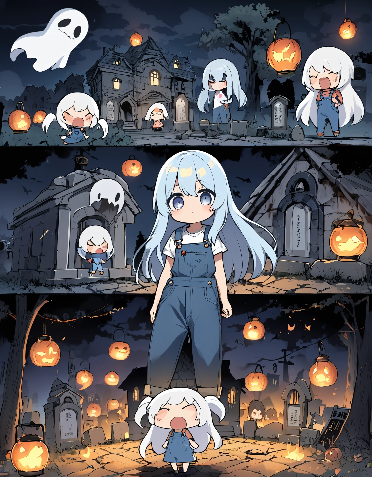 Anime character standing in front of the cemetery at night, Light blue long hair、Twin-tailed Chibi Character、 T-shirt with denim overalls、Large chibi character in the center、Haunted house in the cemetery、Trembling with fear、White transparent ghost、Screaming in fear、Sadako emerges from the old well、scary scary、A broken lantern、A fireball is flying、Face Highlights