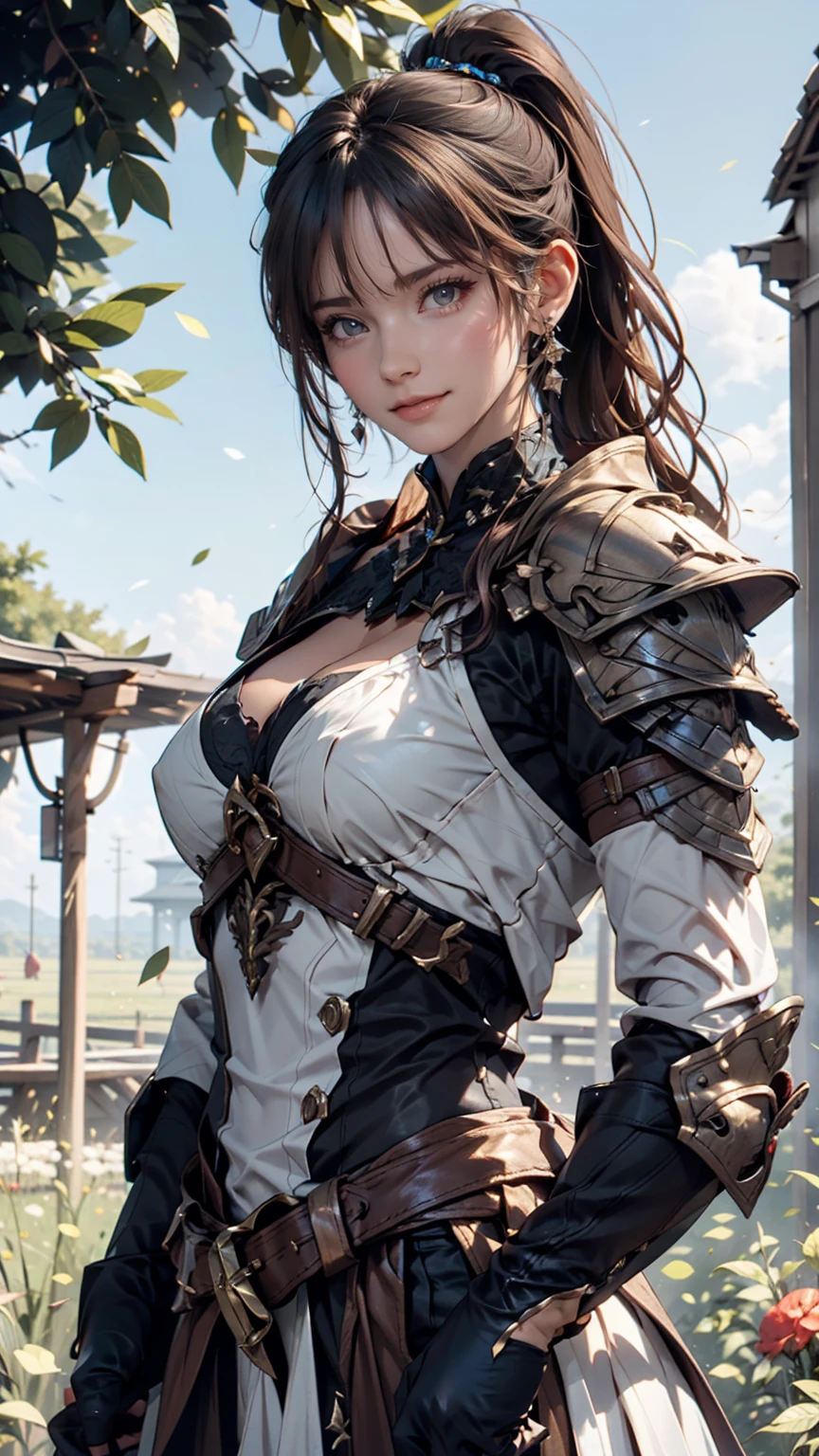 Ayaka, Solemn knight with ponytail, Gray Hair, Standing in the middle of a field background, Adding a touch of knight armor(0.7) To her charm. She has medium sized breasts and a charming smile with a hair accessory