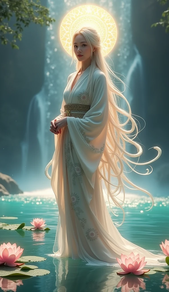 lute、smile、waterfall、lake、Beauty、The body is facing forward、looking at the camera、Hands folded in front of you、God with a golden background々It emits a bright light、
vivid、kimono、Decorations、Long Hair、Wind、Lotus flower、White Snake、Halo、Digital Art、The light is also on the person:1.2
mysterious、beautiful、Realistic、vivid、Lotus flower、Long Hair、Wind、beautiful、mysterious、