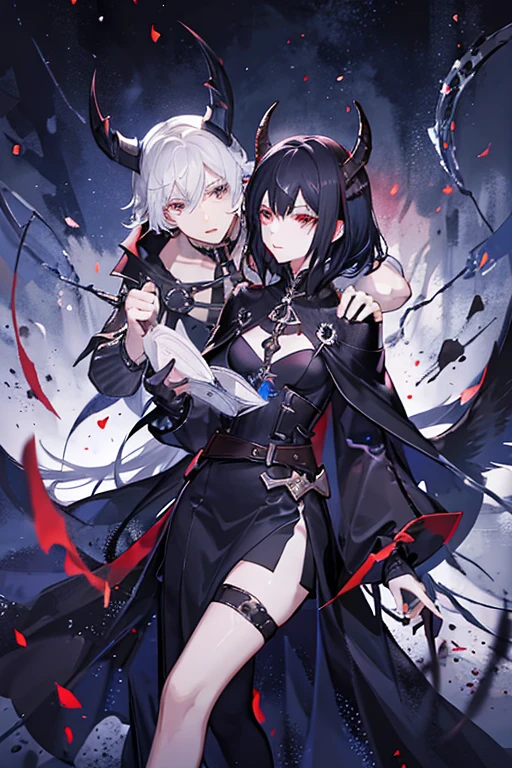 completely black eyes, 19 years old, mage, horns, black hair with red highlights, emotionless, pale skin, dark, medieval, chaos magic, dark magic, with cape, powerful, a girl with a cute boy appearance ,girl, men's clothing, hair boy, appearance of man and girl, short hair