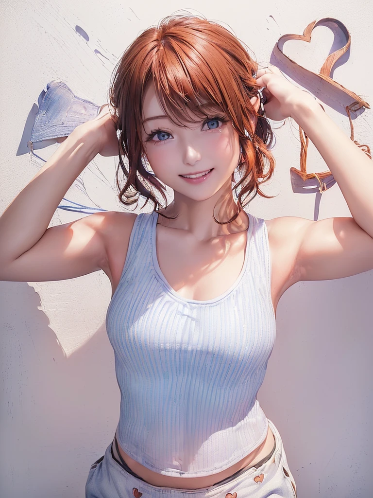 (((Cowboy Shot、Women's solo shots、Oil、Pure white wall background、masterpiece、Highest quality、High resolution)))、Redhead、Bob Hair、(((wearing a blue tank top)))、(((Heart pattern tank top)))、Fashionable hairstyles、Red cheeks、((No Shadow、Frame In))、Cute Face、((Small breasts))、((Smiling shyly))、((Cute expression))、(((With hands up)))